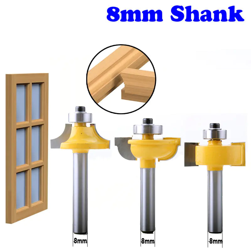 3-Piece 8MM Door Frame Router Bit Set for Woodworking