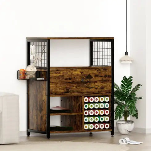 Craft Organization And Storage Cabinet Compatible With Cricut Machines, Crafting Cabinet With Drawer & 25 Vinyl Roll Holder, Craft Table Desk Workstation For Craft Room Home.Rustic Brown.