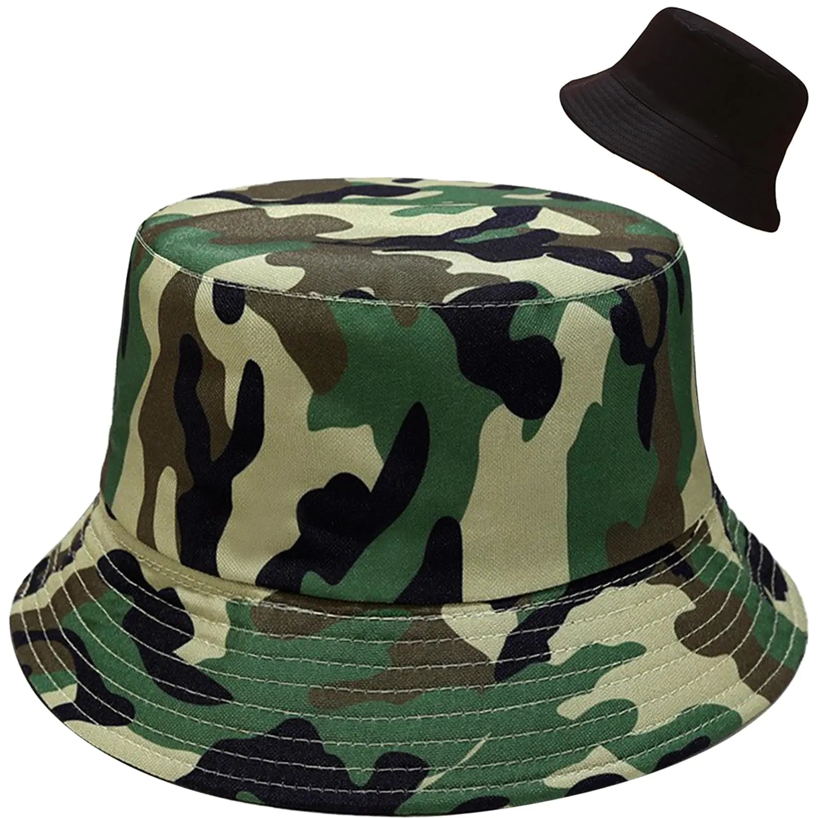 Camouflage Green Bucket Hats Beach Sun Hat for Women Men Teens Outdoor Travel Reversible Fishing Hat