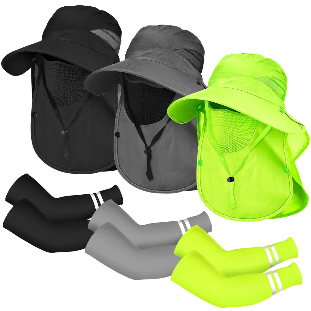 Berlune 6 Pcs Sun Hat Fishing Hats with Face Cover and Arm Sleeves Outdoor Hiking Hat UV Protection(Black Dark Gray Fluorescent Yellow)
