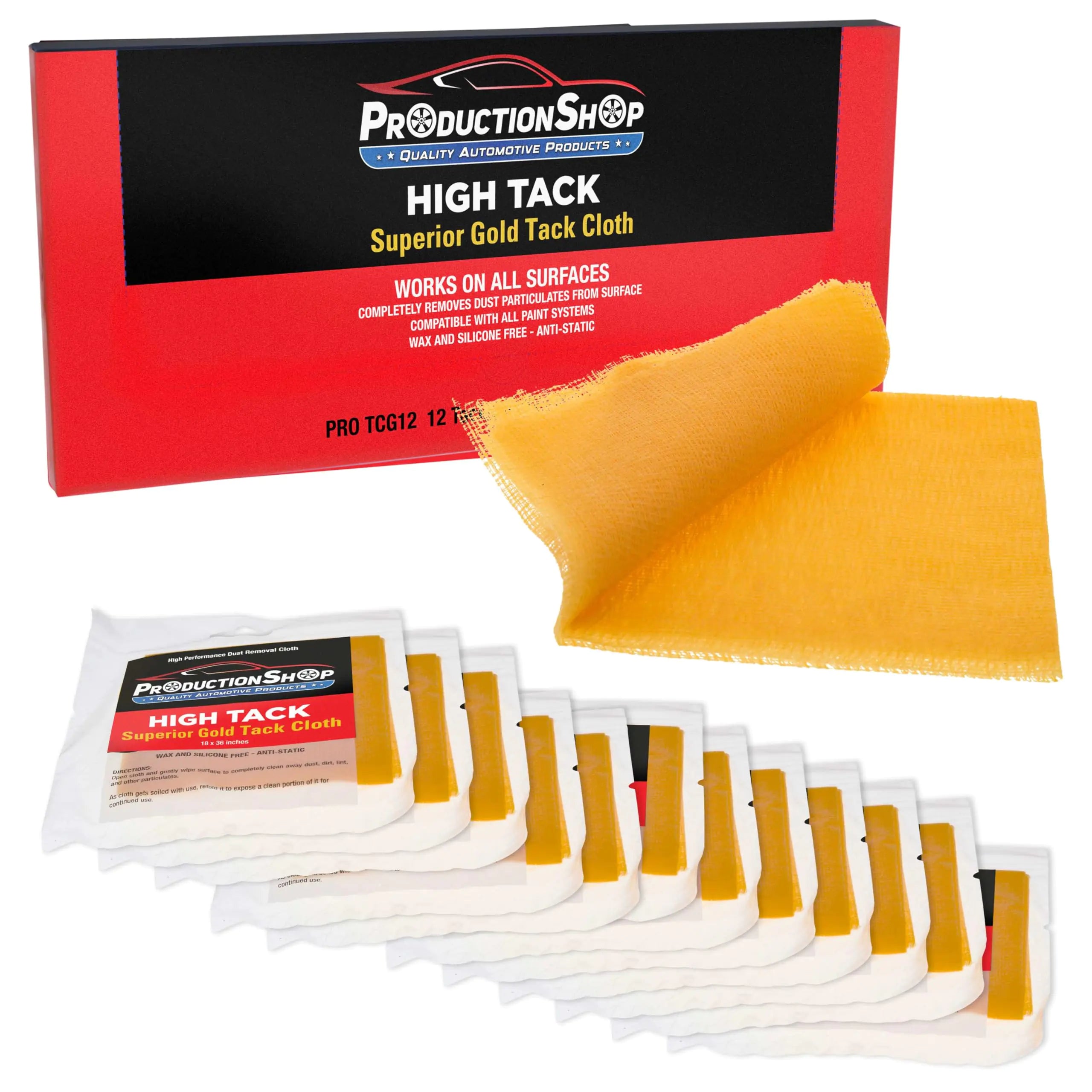 ProductionShop - High Tack Superior Gold Tack Cloths Box of 12 - Automotive Woodworking Painting - Removes Dust Sanding Particles Cleans Surfaces