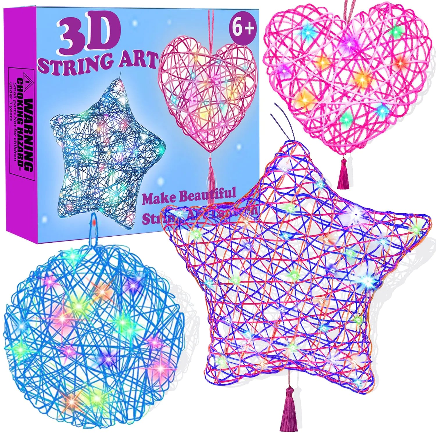 Beilunt Art and Crafts for Kids Ages 6-8 3D String Art Kits for Girls Christmas Birthday Gifts Crafts for Girls 8-12 Make Lantern with 20 Colored LED Bulbs for Girls 6 7 8 9 10 11 12 Year Old