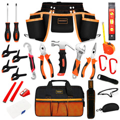 R RECOMFIT 25 Pieces Kids Real Tool Kit Children Real Tool Set with Real Hand Tools Kids Tool Belt Pouch BagMagnetic Wristband for Small Hands DIY Woodworking Projects Home Repair