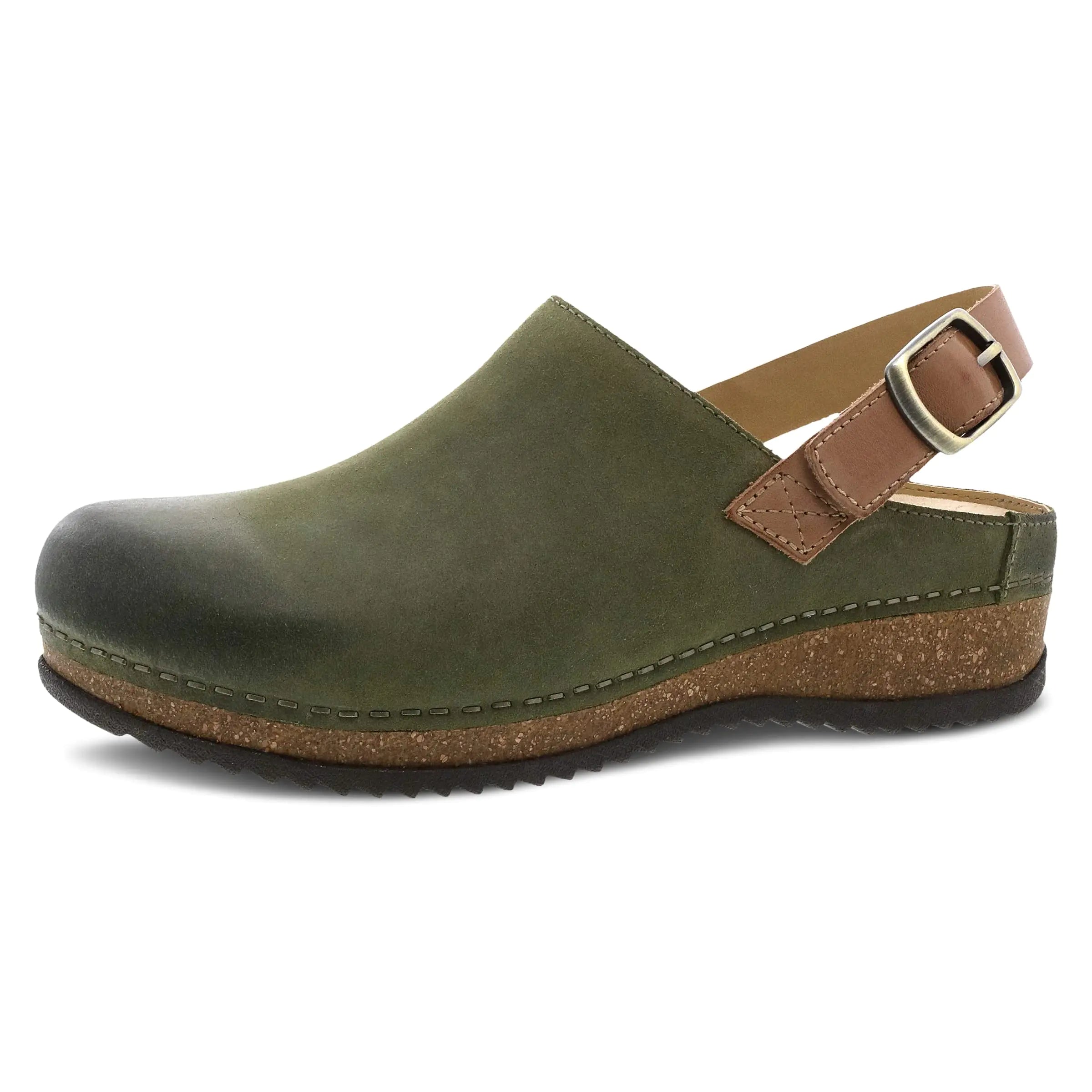 Dansko Womens Merrin Sling-Back Mule Clog - Dual Density Cork/EVA Midsole and Lightweight Rubber Outsole - Durable and Comfortable Ride on Patented Stapled Construction Olive 11.5-12 M US