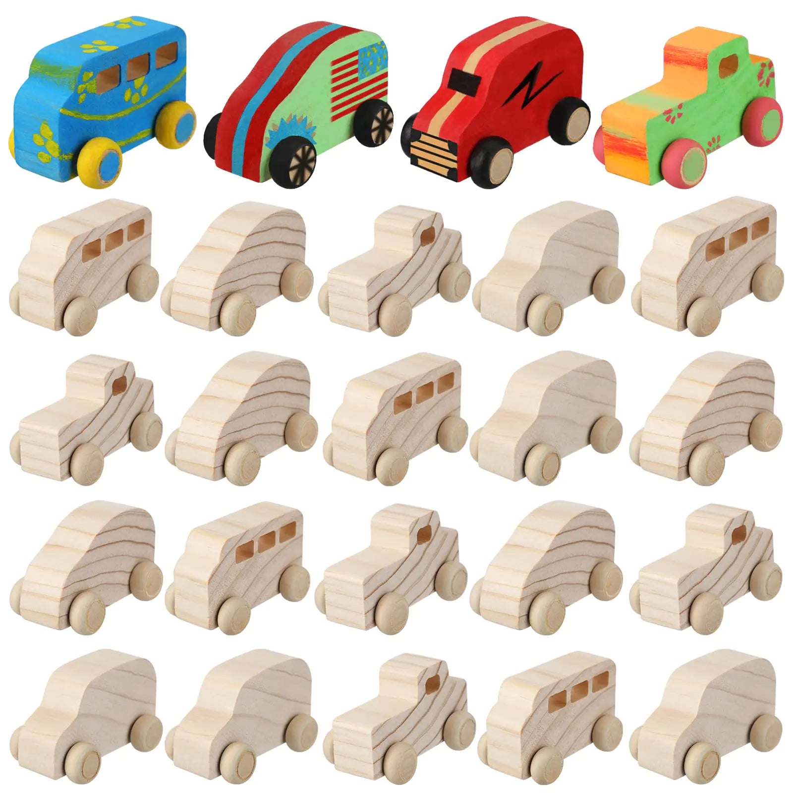 Chivao 24 Pcs Wood DIY Car Toys Unfinished Wooden Cars Paintable Wood Toys Wooden Crafts for Students Home Activities Craft Projects Easy Woodworking (Novelty Style)